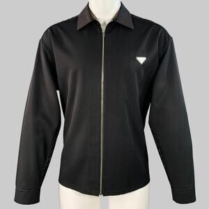PRADA Size S Black Virgin Wool Twill Contrast Collar Zip Up Shirt Jacket